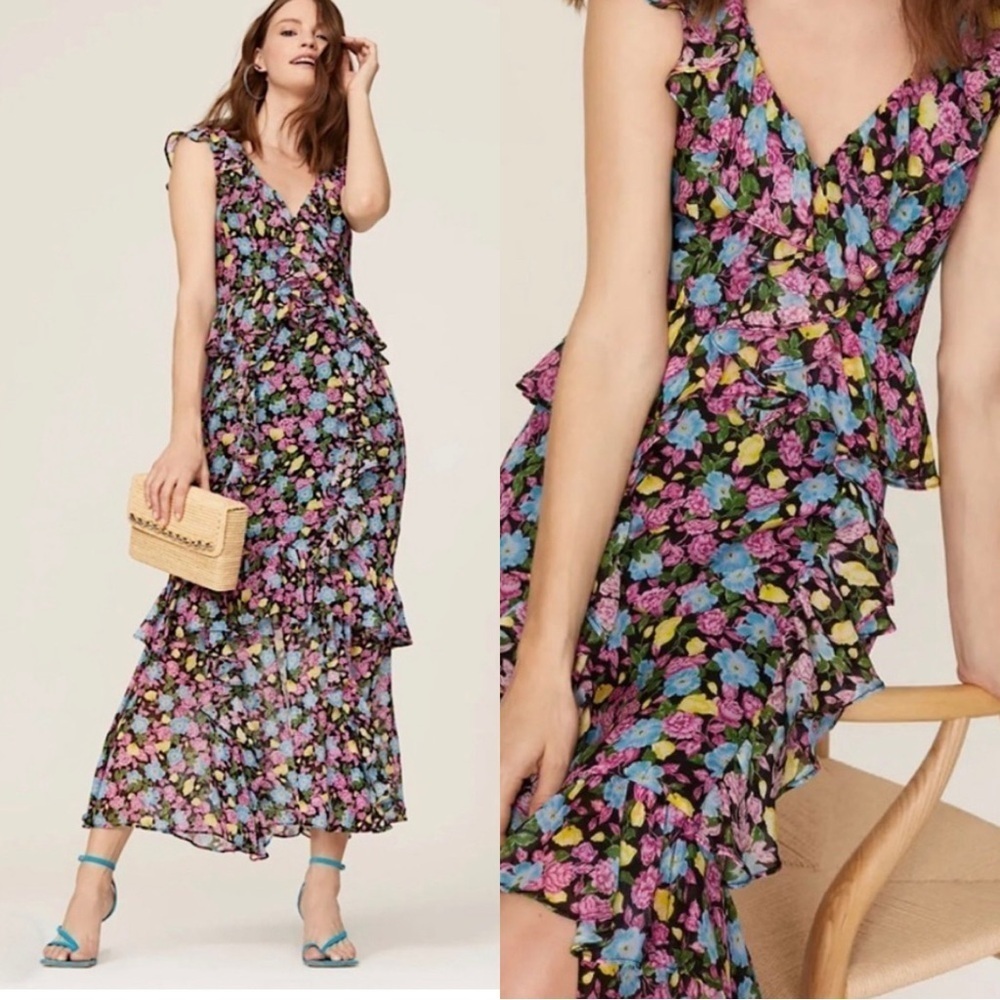 Amur Evita 100% Silk Gorgeous Floral Tiered Midi Dress